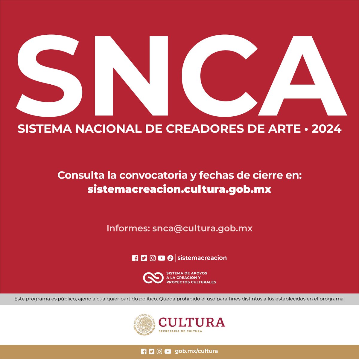 El @SistemaCreacion publica la convocatoria del Sistema Nacional de Creadores de Arte 2024 🔹 Podrán ingresar al SNCA hasta 200 creadoras y creadores artísticos en alguna de las siete disciplinas y 26 especialidades. 🔗 shorturl.at/DHU56