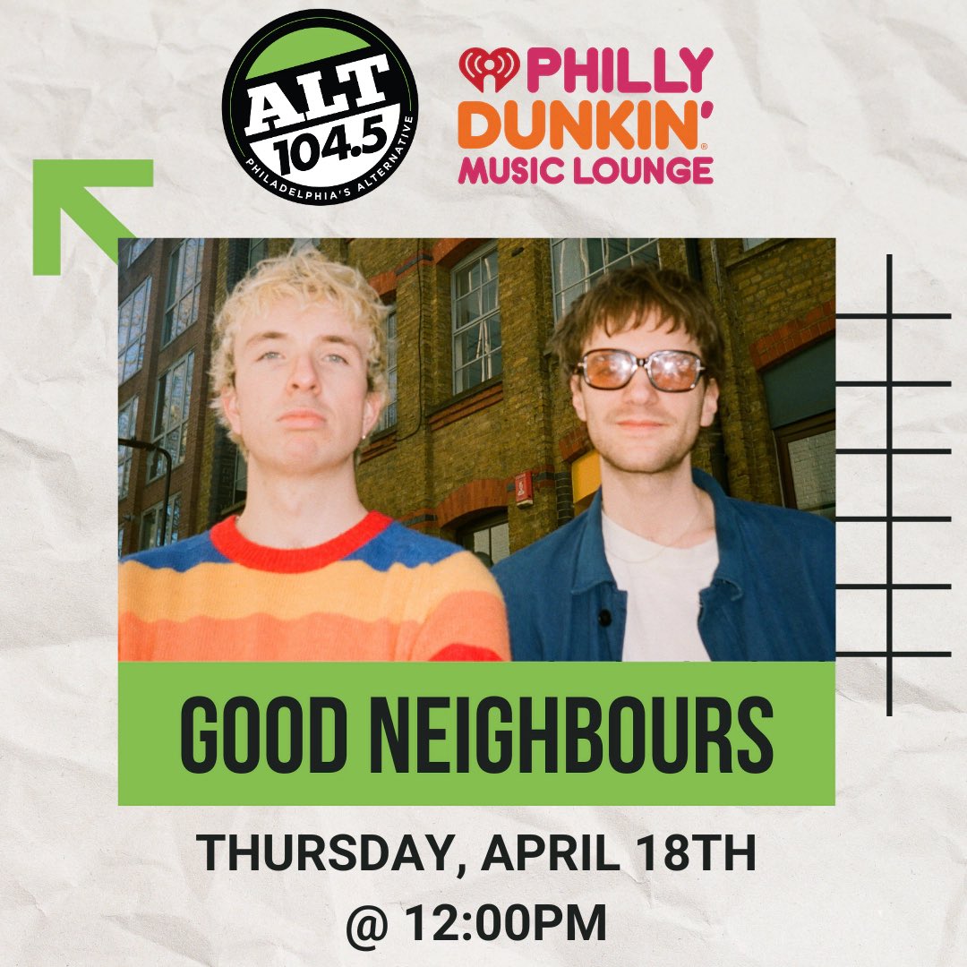 🔔#GoodNeighbours play our Philly @dunkindonuts Music Lounge with an acoustic performance and conversation on Thurs. 4/18 Hit up ALT1045Philly.com for your chance win a pair of invites! Listen to win at 9a, 2p, & 5p this weekend on @iHeartRadio #PhillyDunkinMusicLounge