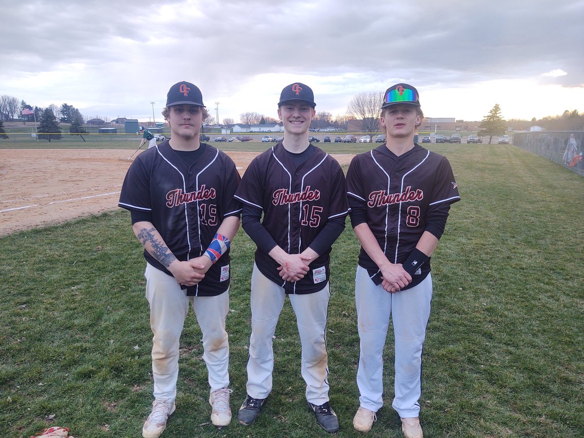 V ⚾ from last night: OF 5 Fall Creek 4. Congrats to <a href="/brogan_korger/">Brogan Korger</a> (2/5) and getting the complete game W on the mound! Congrats to <a href="/james_7210/">Spencer Osmonson</a> (2/4 HR 3 RBI) including the go ahead hit in the 6th. Drew Paulus (2/4 2B) as well! Record 1-5. #Thunderhardball <a href="/TriCty_ArTms/">Tri-County Area Times</a>