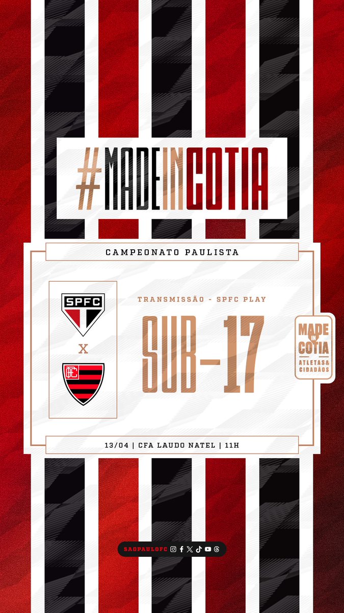 Neste sábado, as equipes Sub-15 e Sub-17 jogam em Cotia pelo Campeonato Paulista, com entrada gratuita e transmissão da SPFC Play Mais informações: spfc.vc/4d60nmy #MadeInCotia #VamosSãoPaulo 🇾🇪