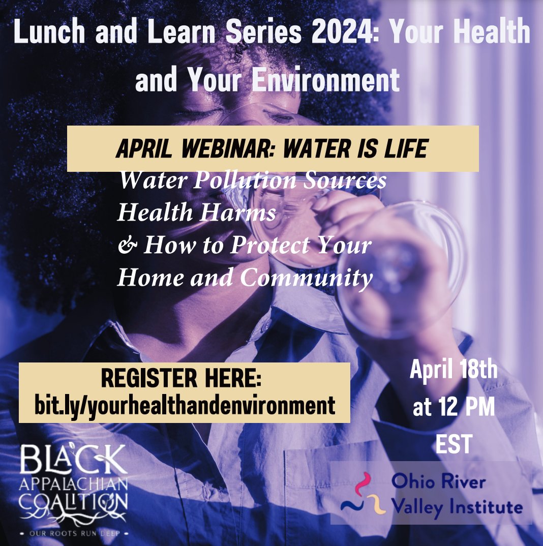 Register here to join bit.ly/yourhealthande…! We're hosting our next lunch & learn series on water quality and access to clean water. Our guest speakers will share their lived experiences with water pollution and their advocacy for #cleanwaterforall. #WaterIsLife #ClimateAction