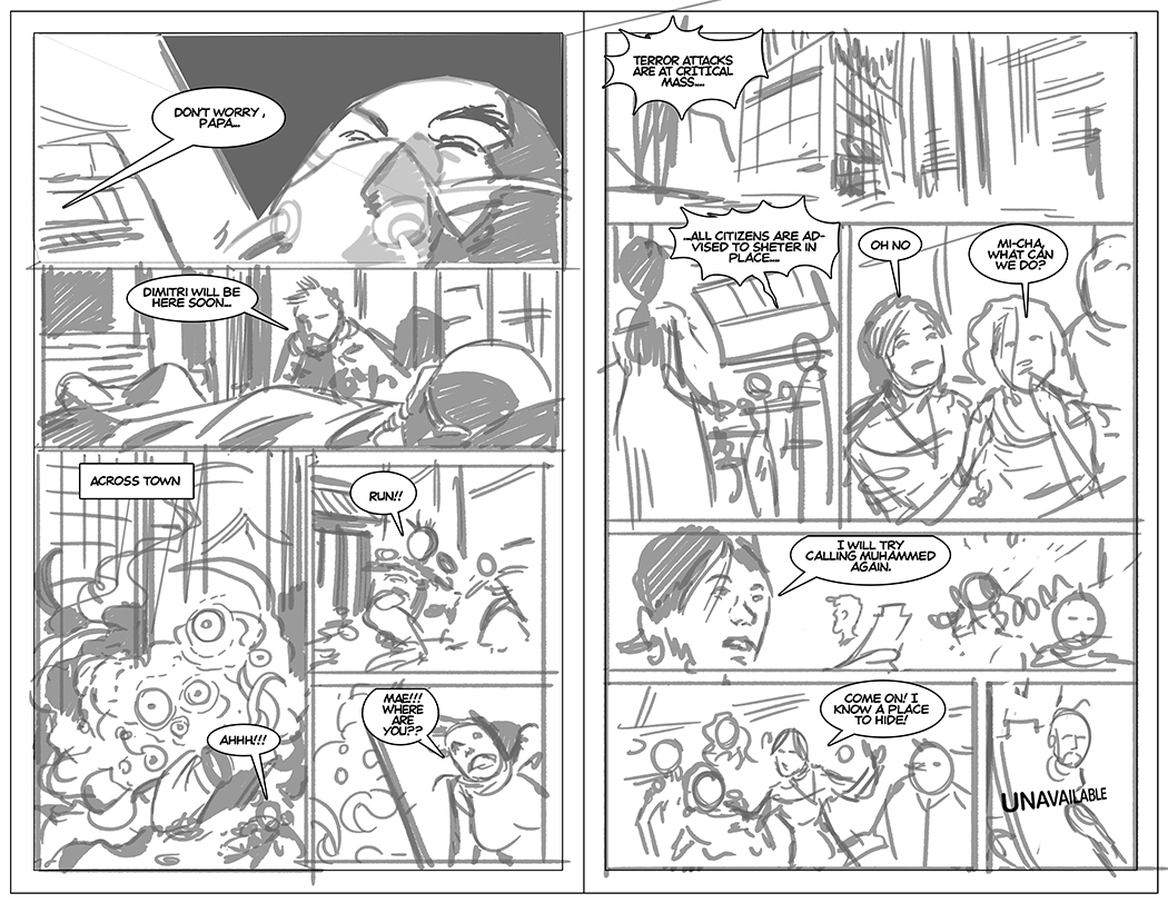 We ended up needing a couple of pages for issue 5, just to build out the story a bit. I had some specific ideas in mind, but rather than script them out, I drew some layouts with word balloons, to show Saladin what I had in mind.