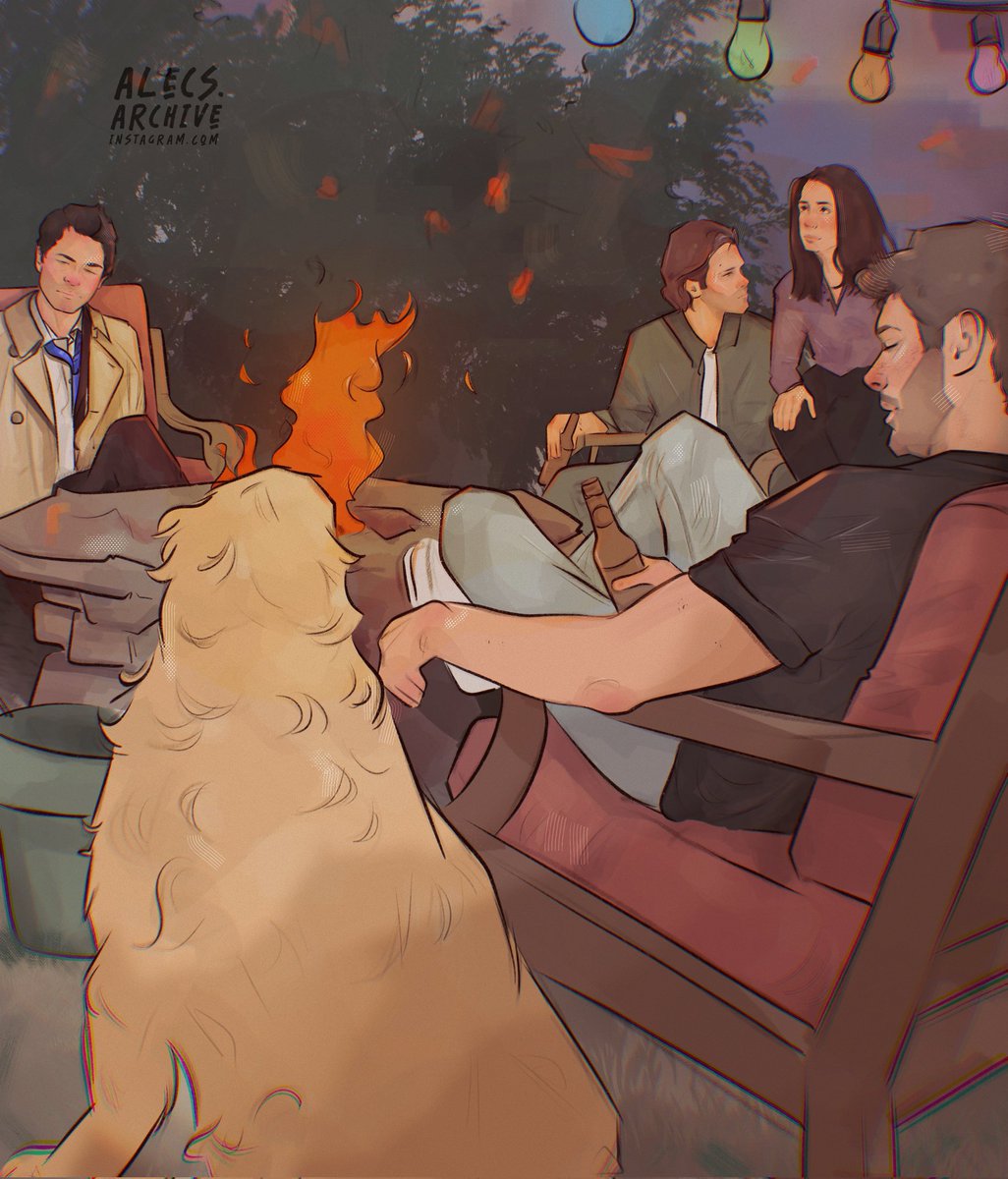 bonfire with dean, cas, sam, eileen and miracle ✨️