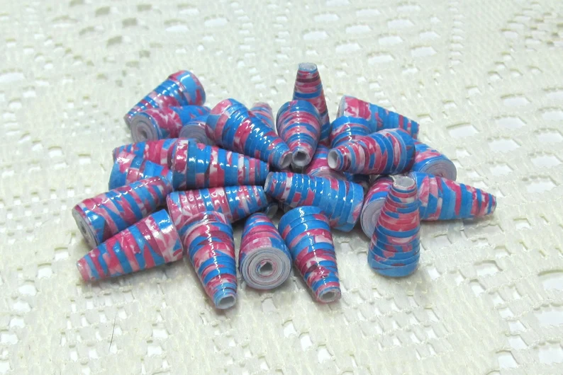 Paper Beads, Loose Handmade, Jewelry Making Supplies, Cone Pink Floral on Blue etsy.me/3vS2lpH via @Etsy #conebeads #jewelrymakingbeads #handmadebeads #craftingbeads