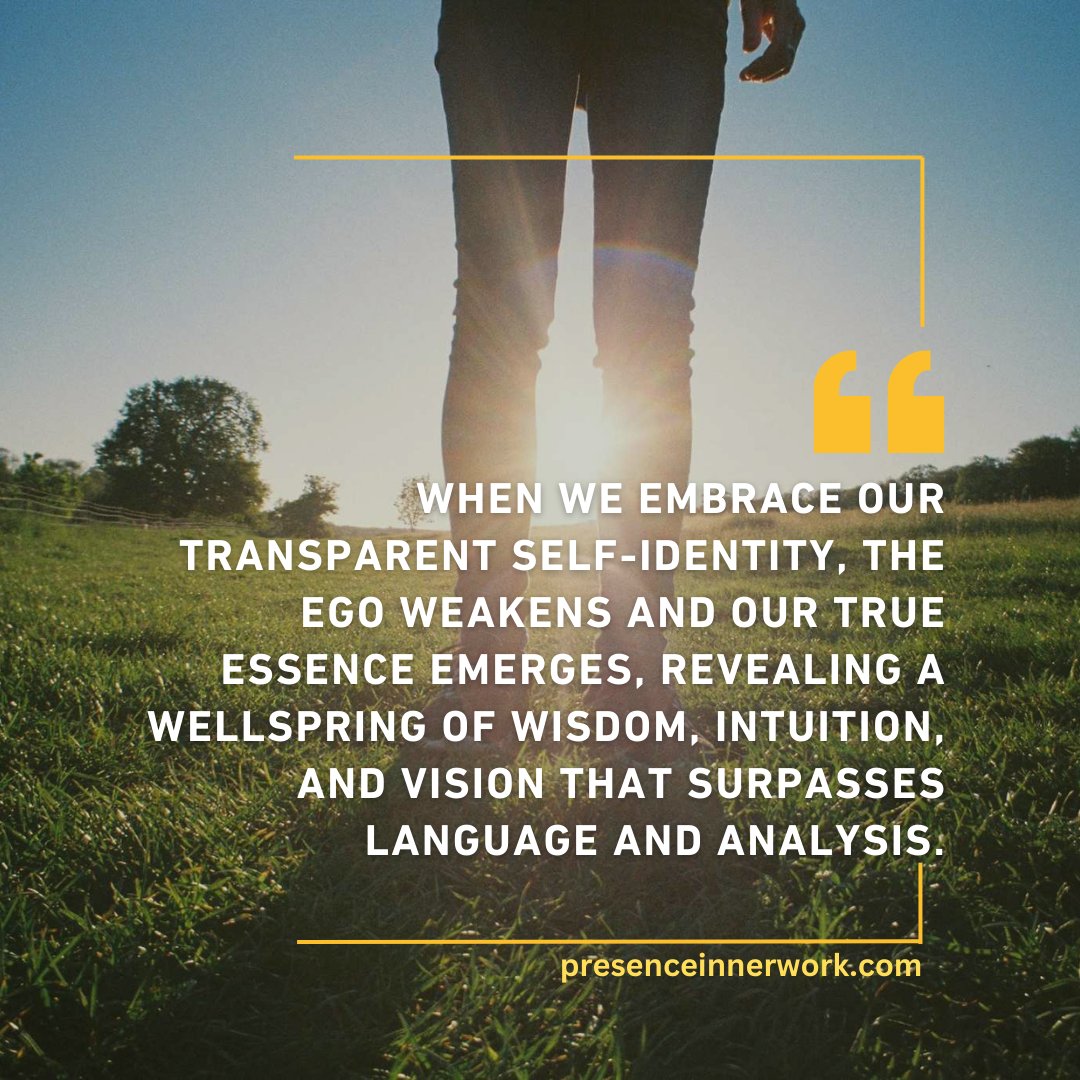 When we embrace our transparent self-identity, the ego weakens and our true essence emerges, revealing a wellspring of wisdom, intuition, and vision that surpasses language and analysis.

#diegosimon #presenceinnerwork #innerwork #innergrowth #selflover #mindbodysoul #selfhelp