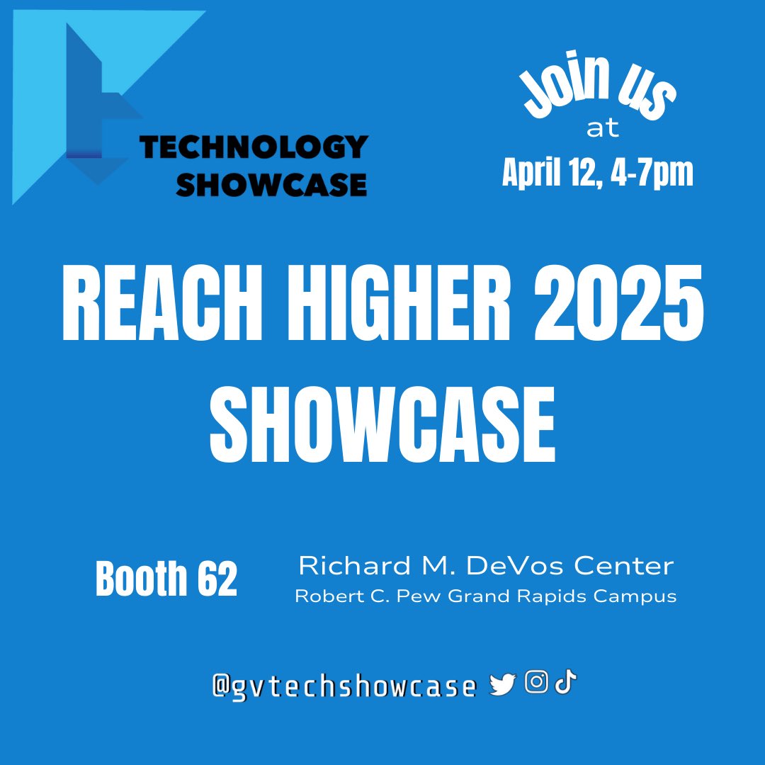 The Reach Higher 2025 Showcase is today!!💙 The showcase begins at 4pm and we will be in booth 62, so come check us out!! 

If you are interested in what exhibits will be displayed, check out this link!
gvsu.edu/reachhigher202…