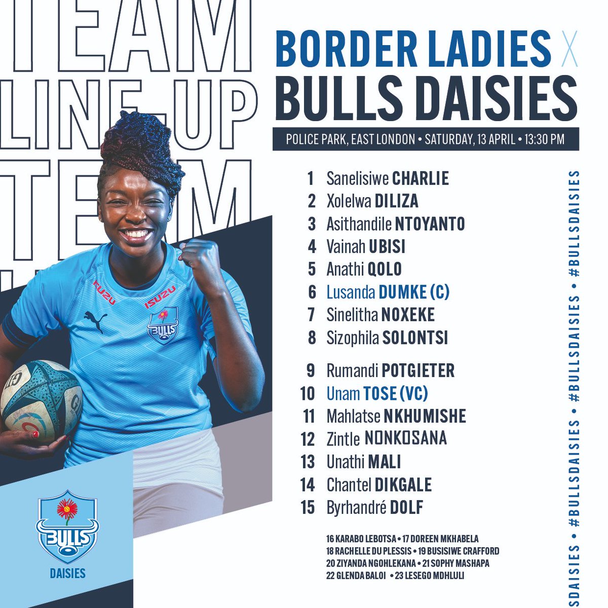 This is how the #BullsDaisies will line up tomorrow against the Border Ladies.

#BackTheBulls | #WomensRugby