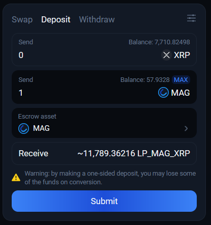 MagneticXRPL's tweet photo. AMM in XRPL, how does it work?

Many users do not understand how AMM works, in this article we tried to explain the main functions of AMM in the simplest possible language.
An AMM pool is a set of two assets available for trading at a price  formed by the pool. Liquidity is provided by the users themselves,  earning a commission for each transaction affecting assets in the AMM  pool.

Unlike the familiar DEX, there are no limit orders.
By adding liquidity, you do not choose at what price your tokens will be sold or purchased. The price in the AMM pool is formed by dividing the amount of frist asset in the pool by second asset. XRPL works in such a way that transactions on DEX and AMM are interconnected and when making a trade, the blockchain looks for the most profitable path for purchase (part of the order can be executed through DEX, and part through AMM, so that the average purchase price is the lowest).
There are often times when the price of DEX and AMM differ greatly from each other, but no matter where you trade, XRPL will find the best way for you to purchase the asset.

So, now it has become clearer how trading using AMM works (nothing  changes for the trader, you just place an order, and the network finds  the best path to buy. The only thing is that there is more data for  analysis)

How to become a liquidity provider in AMM pool?

Before adding liquidity to a pool, make sure you trust this asset and understand what you are doing.

Becoming a liquidity provider and earning a commission is not difficult  (earnings directly depend on the trading volume in the pool). You select  the pool you are interested in and make a deposit.

After making a deposit to the AMM pool, assets are debited from your  balance and LP tokens are credited (on the page of your wallet on  Magentic they are clearly separated, and their approximate value when  returned to the AMM pool is shown). These LP tokens indicate how much of  the total assets in the pool you own. For example, if you have 10% of  the total number of LP tokens, at any time you are entitled to 10% of  the total number of assets in the AMM pool (in the future, due to  commissions, the total number of assets will increase and thus your % of  LP tokens will be mean a larger amount of assets upon withdrawal).

Two-sided and one-sided deposits

Problems with a one-way deposit and why you shouldn’t use it if you don’t know what you’re dealing with.
Since the price of an asset in a pool is formed by dividing the amount of two assets by each other, with a one-way deposit, the ratio of assets and, accordingly, the price of the asset in the pool changes. Thus, you risk that some of your tokens will be bought back at a reduced price.

For example:
In the AMM pool 600 XRP and 1 MAG, price of 1 MAG = 600 XRP(600/1)
You make a one-way deposit and add another 600 XRP to the pool. Now the price of 1 MAG = 1200 XRP (1200/1). Any user can sell their MAG for 1200 XRP. When you decide to withdraw of assets from the AMM pool, you will see that you will be able to withdraw less than what you deposited. In fact, 50% of your tokens were sold on the market through the AMM pool.

Two-sided deposit
There are no problems here, you send both assets to the pool and the  amount of assets sent will never change the balance in the pool, thus  you will never lose your funds on conversion and price changes due to  the deposit. Two-sided deposit is the most optimal and best deposit option.

Withdrawal of assets from the AMM pool
Withdrawing your assets from the AMM pool means returning your LP tokens back to the pool, for which part of the total liquidity is returned to you. You can always receive from the pool as many % of assets as % of LP tokens from the total issue you have.

How commissions work:
For each trade in the AMM pool, a small % is taken as a commission and added to the AMM pool. These are assets for which LP tokens were not allocated, which means your share of LP tokens now means a larger share of real assets (since their amount in the AMM pool has increased without issuing additional LP tokens).

One-way withdrawal of assets from the AMM pool:
Has the same problems as a one-way deposit. This withdrawal method is  not profitable. It means that you withdraw both assets, but immediately  convert one of the assets into the second using the AMM pool at market  value (if there is little liquidity in the AMM pool, you will lose a  significant part of the assets).

Two-way withdrawal of assets from the AMM pool:
The most optimal and balanced way to withdrawal you assets. You do not  lose on conversion and receive exactly the same % of the total amount of  tokens in the pool as the % of LP tokens from the total emission you  have.

When the problems of one-way deposits and withdrawals are not important:
1)You make a deposit or withdraw funds from a pool in which there is a lot of liquidity and your share takes up a very small percentage of the total. You won't feel like anything is wrong. Losses will be insignificant.
2)You intentionally make a one-way deposit/withdrawal to change the price of a token in the pool or for any other reasons.

It is also possible for liquidity providers to vote on commissions in the pool, as well as participate in auctions to be able to trade without commissions for a certain time. We will describe this when this functionality is available on Magnetic(soon).

The best service for working with AMM on XRPL: https://t.co/EEK9Oxgb7A
AMM pool MAG/XRP: https://t.co/jLc9a0OruL