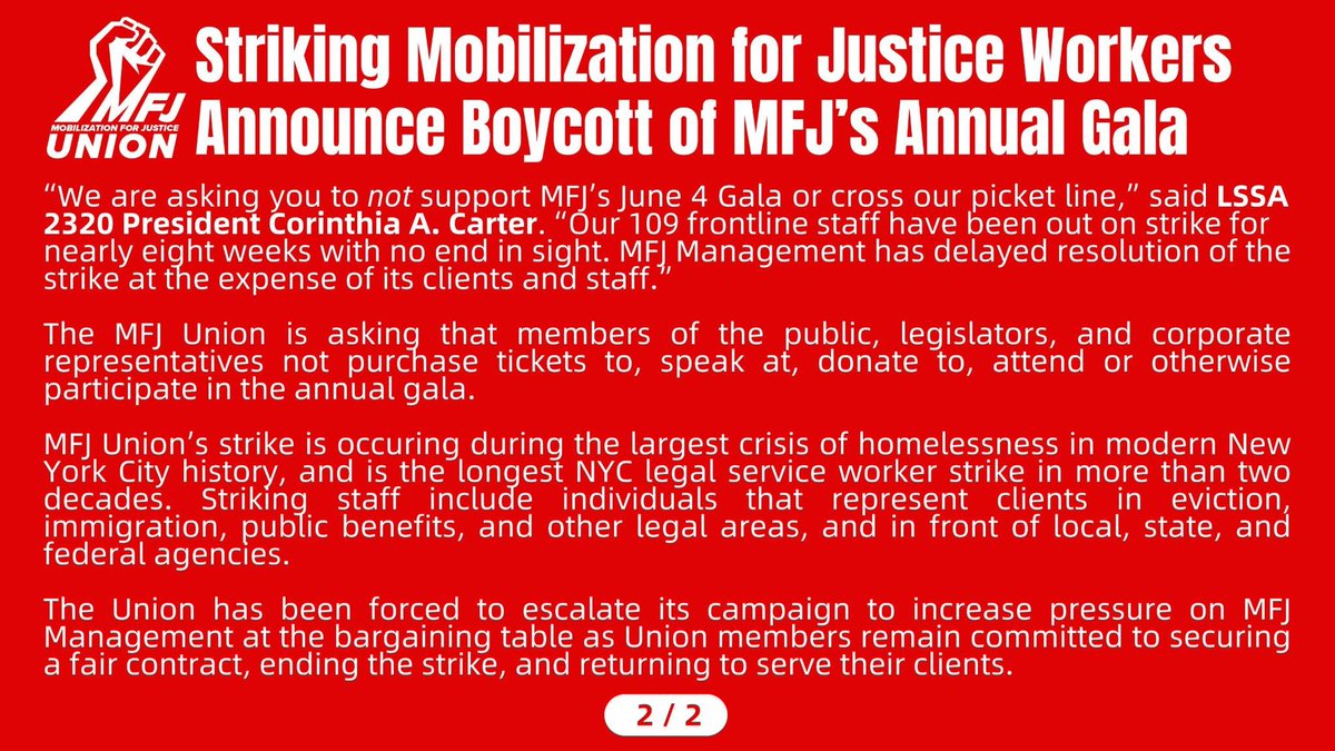 MFJUnion's tweet image. 📢🔥ANNOUNCEMENT: MFJ UNION CALLS FOR BOYCOTT OF @MFJLegal 2024 GALA 📢📢

“We are asking you to not support MFJ’s June 4 Gala or cross our picket line,” said @LSSA2320 President Corinthia A. Carter. “Our 109 frontline staff have been out on strike for nearly eight weeks with