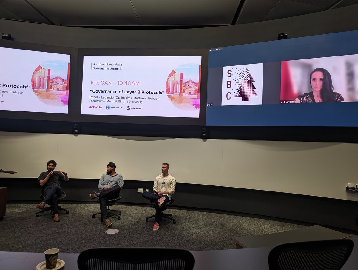 Loved this awesome panel with @lalalavendr from @OptimismGov , @MattFiebach representing @arbitrum , and Manmiy from @Starknet at @StanfordCrypto . TLDR: lots of thoughtful insights on treasury management & decentralization of token allocation to projects.