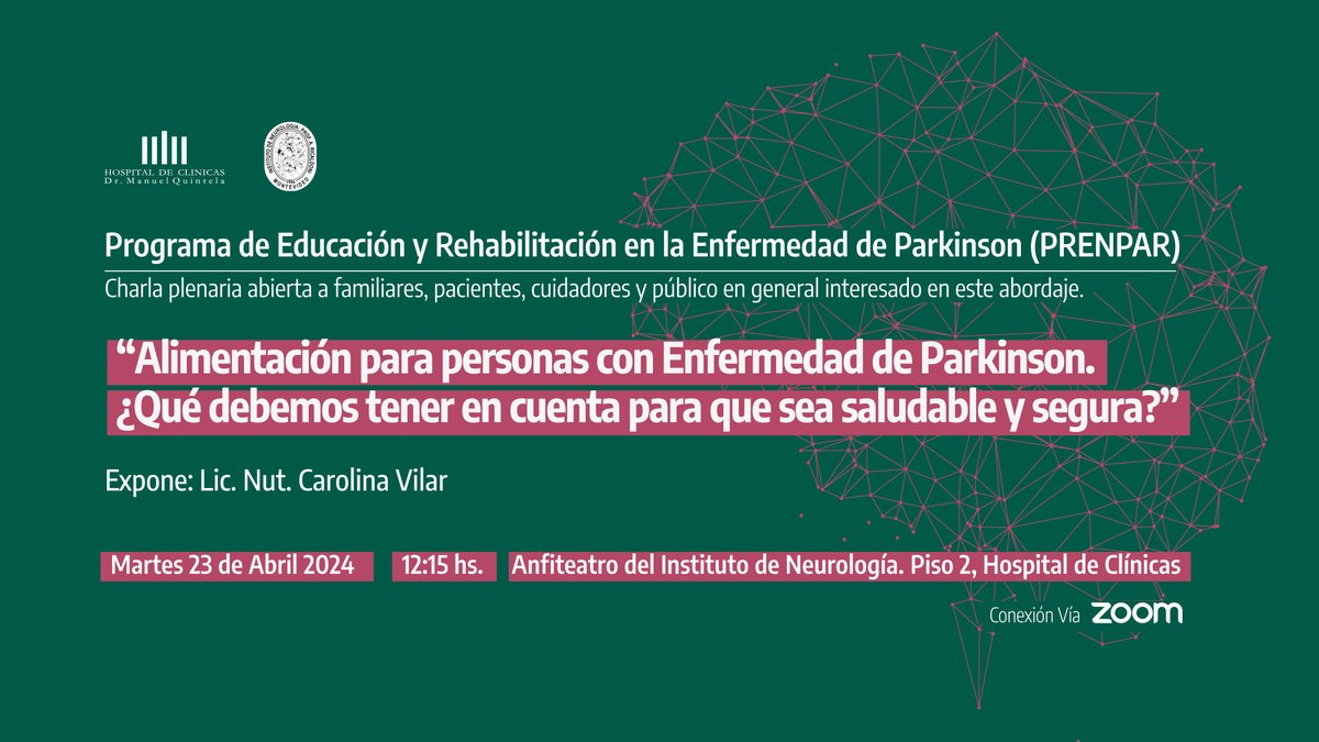 Las Charlas Plenarias del Programa de Educación y Rehabilitación en la Enfermedad de Parkinson (PRENPAR) tienen como objetivo informar sobre los diversos aspectos que involucra esta enfermedad y están a cargo de expositores especializados. 📅Martes 23 de abril ⏰12:15