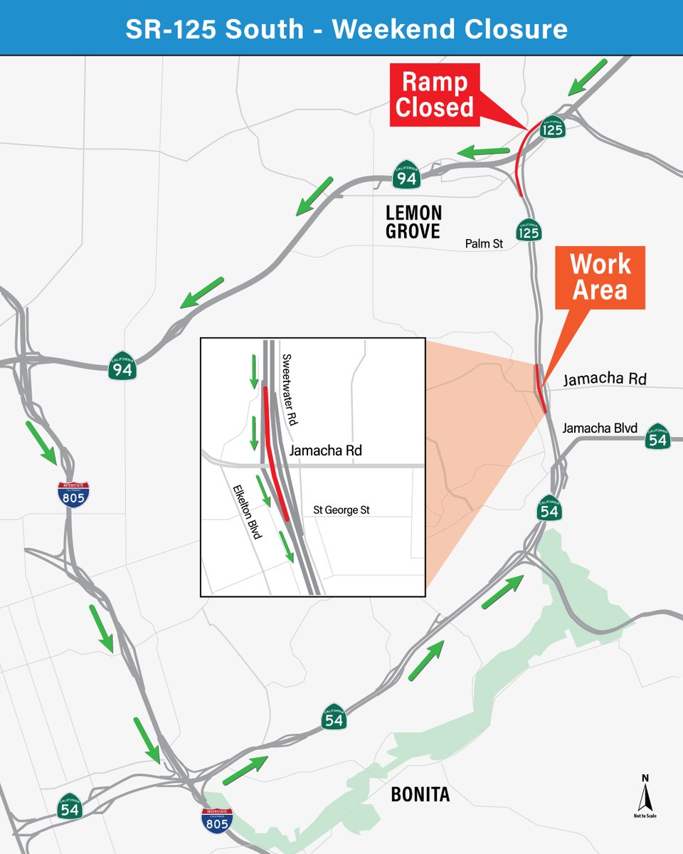 All lanes of southbound SR-125 are closed at SR-94, motorists are being detoured to westbound SR-94. Additionally, traffic on southbound SR-125 is being detoured to Jamacha Rd. All lanes will reopen Monday at 4am.
