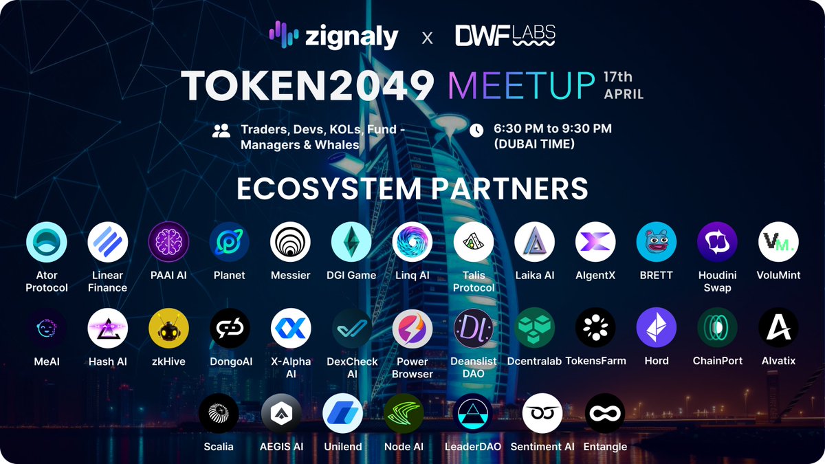 ⚡Presenting our Powerhouse Ecosystem Partners supporting the 'Zignaly x @DWFLabs Token2049 Meetup' - the BIGGEST side-event at #TOKEN2049WEEK! The Exclusive Token2049 Meetup is your ticket to unlocking your way into the Alpha Circle. 📆 April 17th, 6:30 PM - 9:30 PM (Dubai)…