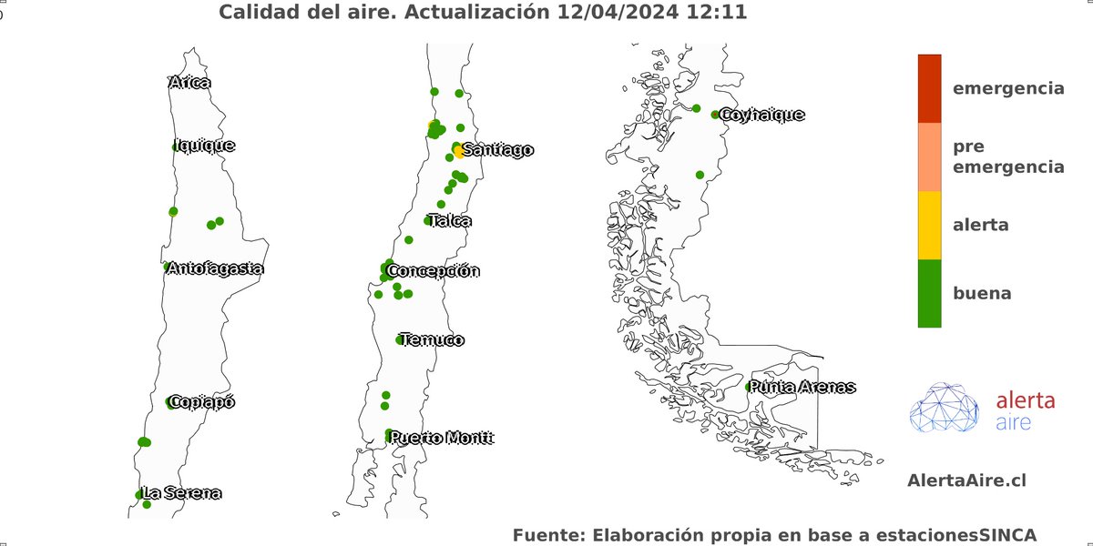 ☁️ Índice de #CalidadDelAire hoy 12 de abril👇

📡 Revisa el monitoreo en tiempo real cerca de tu localidad en 👉 pronosticos.alertaaire.cl/#/estaciones?g…