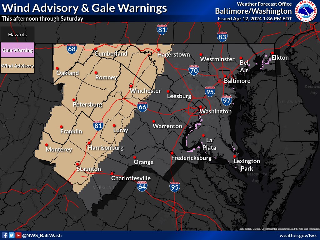 Windy this afternoon through Saturday. Winds will gust 45 to 55 mph in the Appalachians, Shenandoah Valley, and along the Blue Ridge. Winds will also gust to Gale Force over the Chesapeake Bay and Potomac River. Widely scattered rain showers are developing over the region.