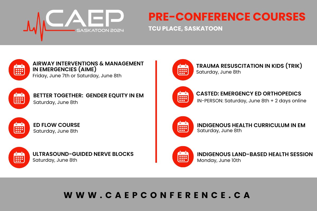 SASKATCHEWAN docs - the Nat’l Emerg Conference is in Saskatoon June 9-12. And anyone can take advantage of amazing pre-conference CME opportunities (you do not need to attend the conference). Check out the options👇 & caepconference.ca for further details. @CAEPConference