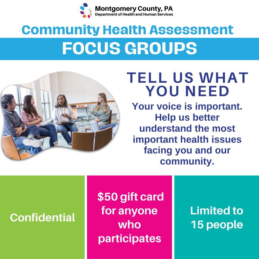 As part of the Community Health Assessment, we're  conducting focus groups in April & May to learn more about issues impacting #MontcoPA. Learn more or register: forms.office.com/r/TpCc7ywkey

Unable to attend? Take the Assessment to have your voice heard: montgomerycountypa.gov/CHA