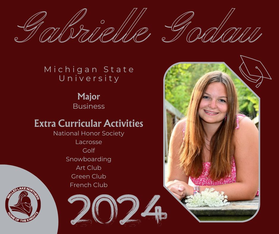 Congratulations to Walled Lake Northern's Gabrielle Godau, who will be studying business at Michigan State University in the fall! 🎓 #WEareWLCSD Nominate a member of the 2024 Class for a Senior Shout Out ➡ forms.gle/dRDfEgSJHKQfiu…