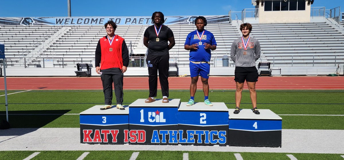 Katy ISD 1-2-3-4 sweep in shot and 1-3-4 in discus at the Area Meet. @Katyfootball @PaetowXC_TF @Tompkins_TF @SpartanTrack_XC