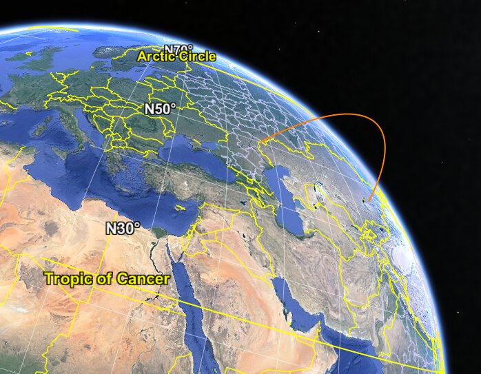 I reconstructed the trajectory of the Topol'-ME missile launched from Kapustin Yar at about 1600 UTC today, so you can see how a rocket flying above Kazakhstan can be seen all over the Middle East. Orange line is rocket trajectory estimate, reasonably accurately to scale.