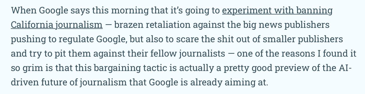 Google starts taking steps to ban journalism in California because it doesn’t want to pay for journalists’ labor. I have thoughts. mattdpearce.substack.com/p/googles-cens…