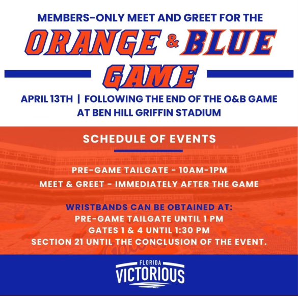 Hit the link for more details on everything you need to know for the @Fl_Victorious Meet & Greet. 🔗 floridavictorious.com/orange-blue-ga… See you after the game #FloridaVictorious 🐊🐊