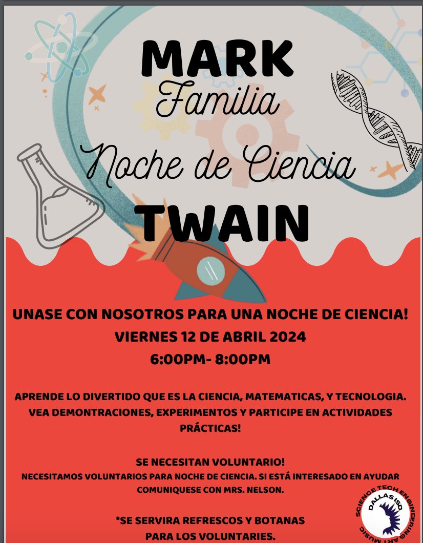 Hello Twain Nation! Please join us tonight for our Family Science Night. 🧪🙂 Let's have some fun!