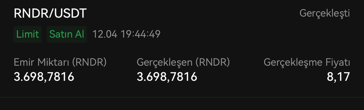 Bu düzeltmeyi değerlendirerek trade için 1 Milyon TL lik $Rndr alıyorum. #Hodl sepetim dışında sadece Trade için aldım. Hadi bakalım , umarım kazançlı olur. Maliyet - 8.17 $