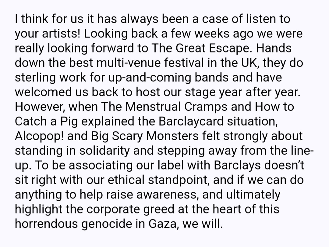 To confirm, we won't be at The Great Escape this year palestinecampaign.org/boycott-barcla…