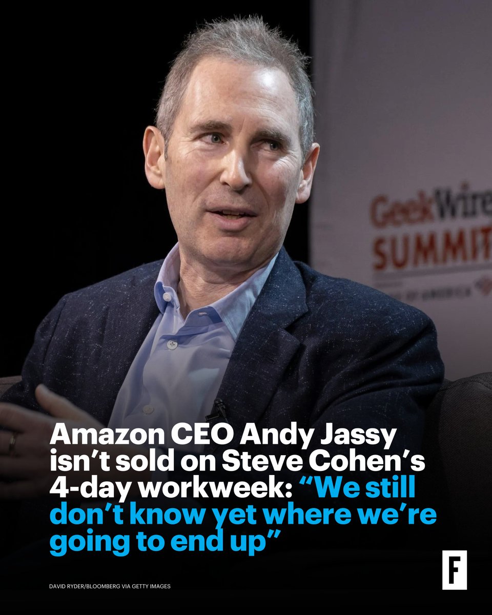 Amazon has long made it clear it wants employees back in the office, so it should be no surprise that CEO Andy Jassy revealed he wasn’t sold on the thesis that a four-day workweek is imminent. bit.ly/4baAUXp