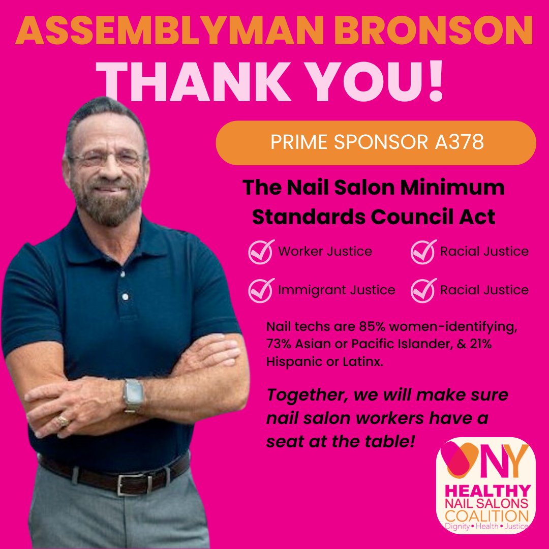 Thank you @harrybbronson for being #AllHandsIn & standing w/ workers who are transforming the nail salon industry by championing the Nail Salon Minimum Standards Council Act! This bill will finally give us safe working conditions, fair pay, & protect our #HealthDignityJustice