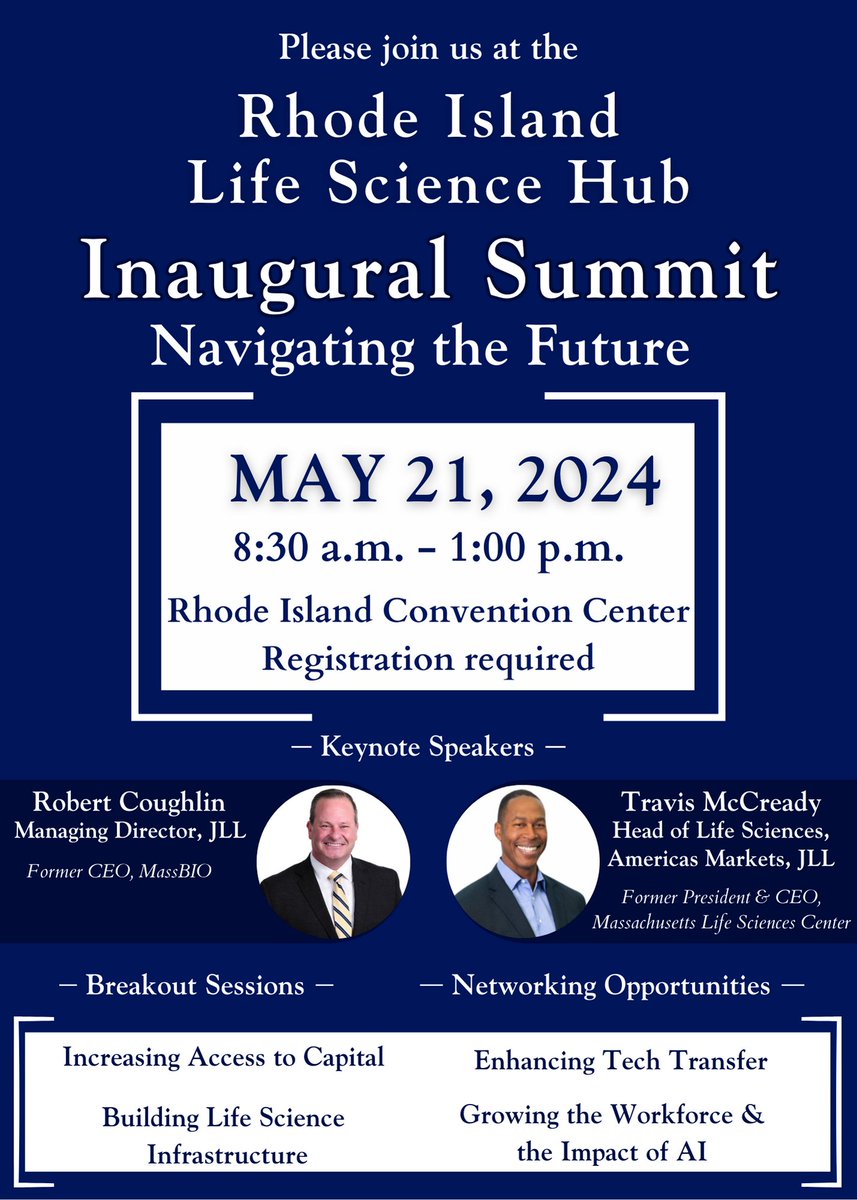 RILifeSciHub's tweet photo. Join us for the 1st RI Life Science Hub Summit as we promote, grow, and support the expansion of this sector! Connect with industry leaders and engage in discussions around access to capital, workforce growth, lab infrastructure, and AI's impact. RSVP: https://t.co/wdxtDMUmTZ https://t.co/zrCZSBRXnS