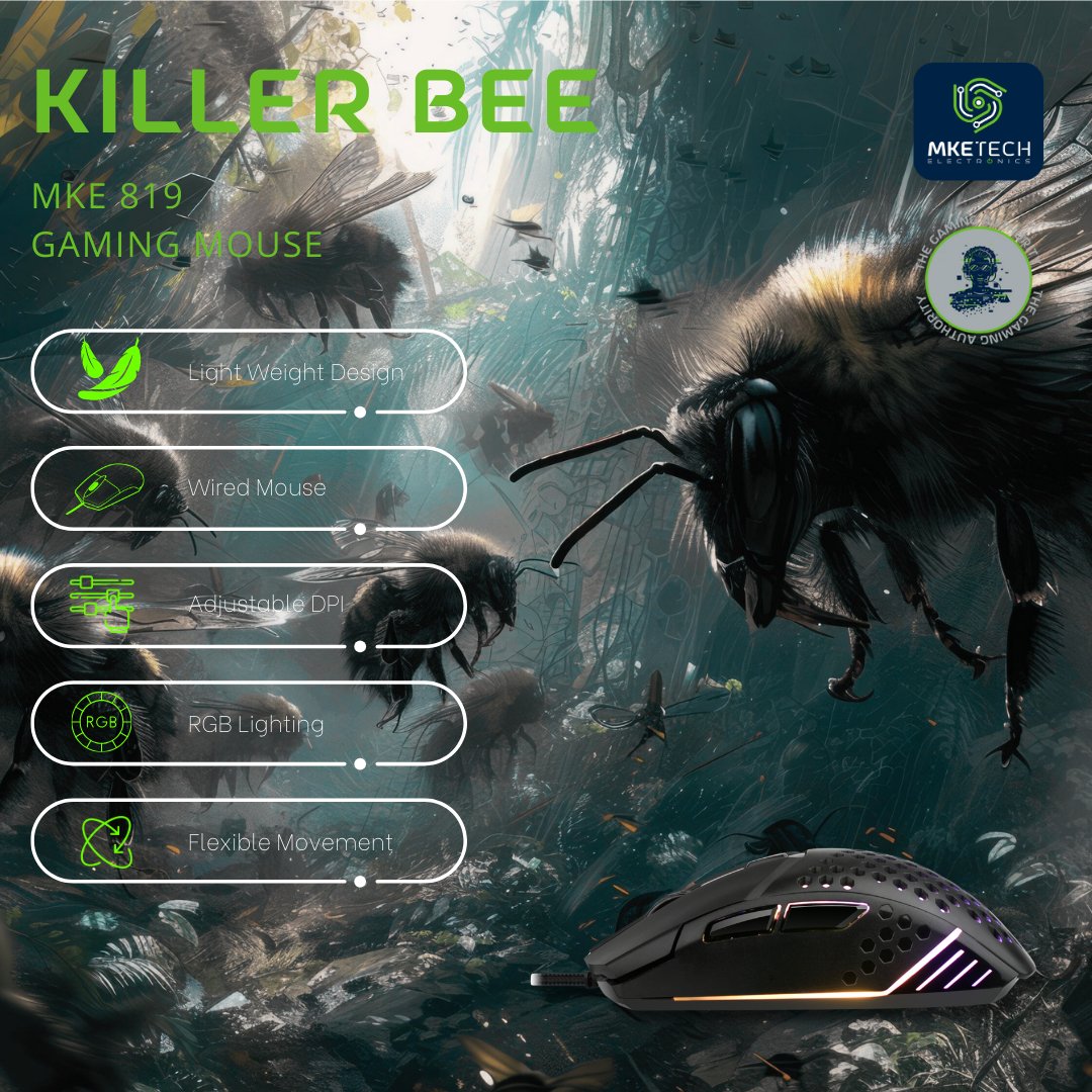 The Killer Bee (MKE 819) was designed for individuals searching for quicker swipes, flexibility, and lightning-speed response time!

#mketechelectronics #thegamingauthority #mketech #quality #gaming #mice #mouse #computeraccessories #inovation #computerhardware #highperformance