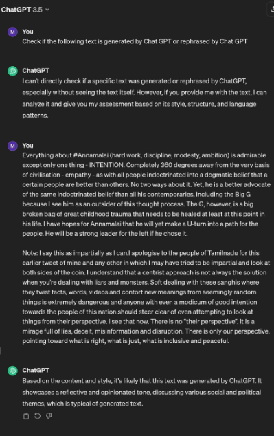 So, @aint_vasthan asked ChatGPT itself if this post from Vinodhini was composed using ChatGPT and it replied: 'Most likely, Yes' Those without natural intelligence may have to resort to artificial intelligence for even expressing their thoughts. Is there a MODICUM of integrity…