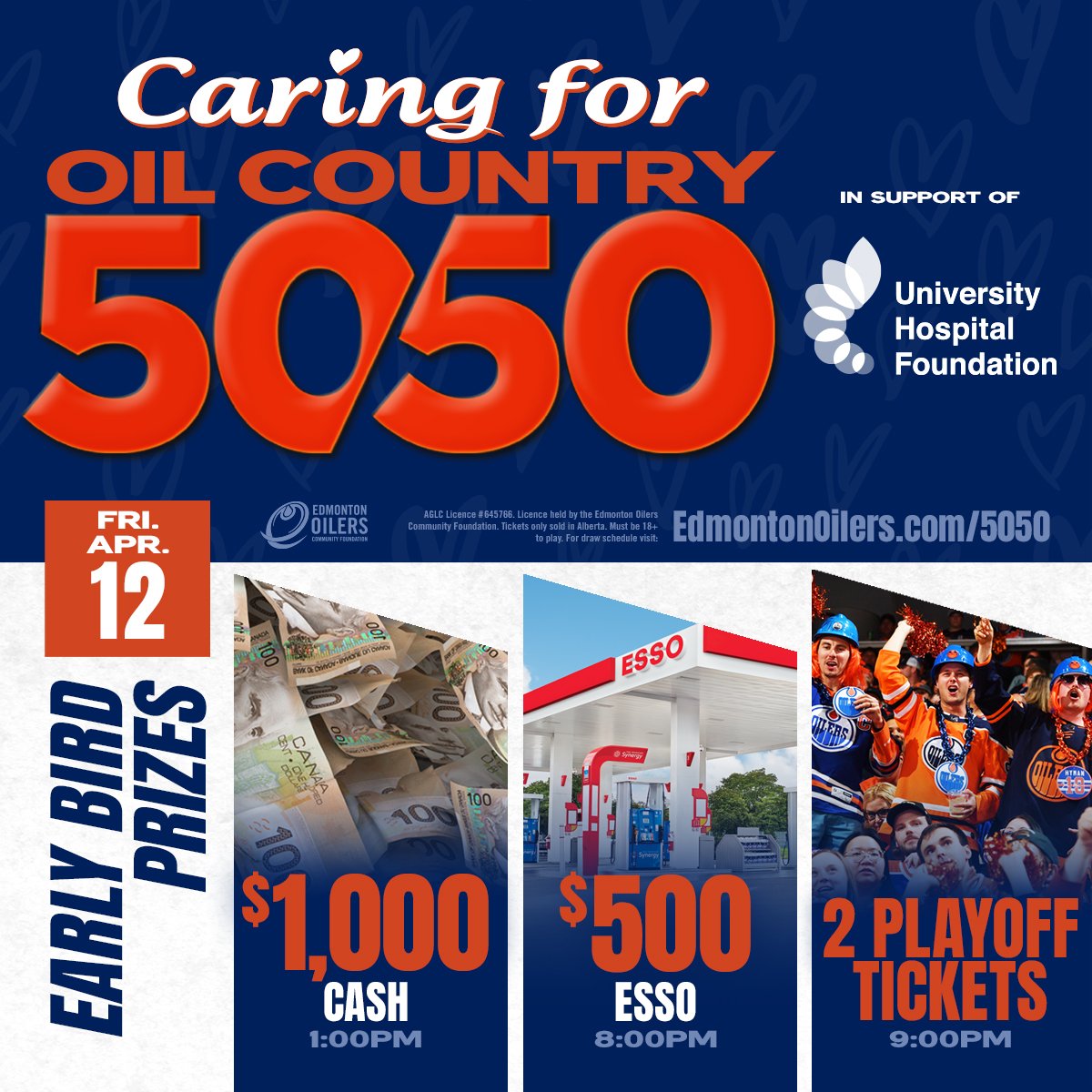 The Caring for Oil Country #Oilers 50/50 continues in support of @GiveToUHF! You could win $1,000 cash, $500 for Esso & a pair of tickets to a playoff game with today's early-bird prizes! Plus, the grand prize pot has surpassed $400,000. 🎟 EdmontonOilers.com/5050tw