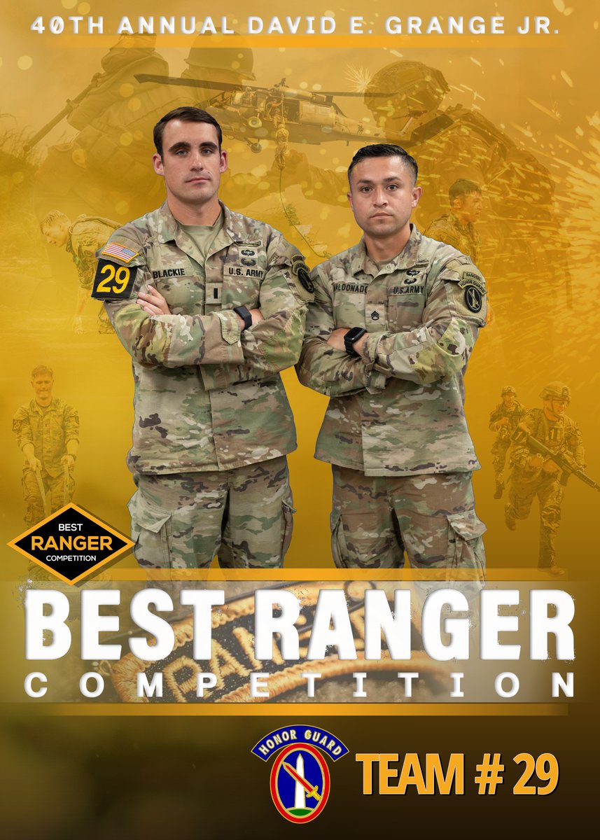Rangers Lead the Way! 💪 #OldGuard Soldiers will be competing against teams from across the Army to see who can call themselves the Best Ranger Team. 1LT Blackie and SSG Maldonado will be representing #AmericasRegiment in the grueling 3-day event. Join us in wishing them luck!