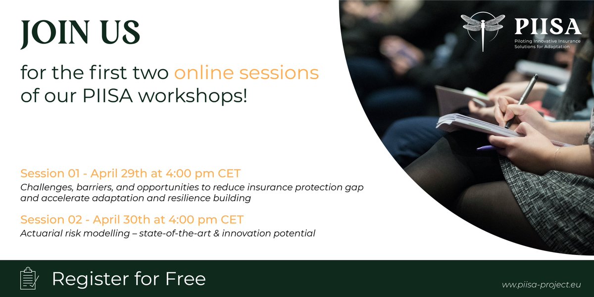 ⏰ There’s still time to register for @PIISA_Project’s online #Workshops, on 29-30 April 2024.
✨ An exciting agenda: bit.ly/43YzBrP
🔗 Register here for online participation: bit.ly/49C9iZZ
 
#PIISAProject #ClimateInsurance #ClimateAdaptation #ClimateServices