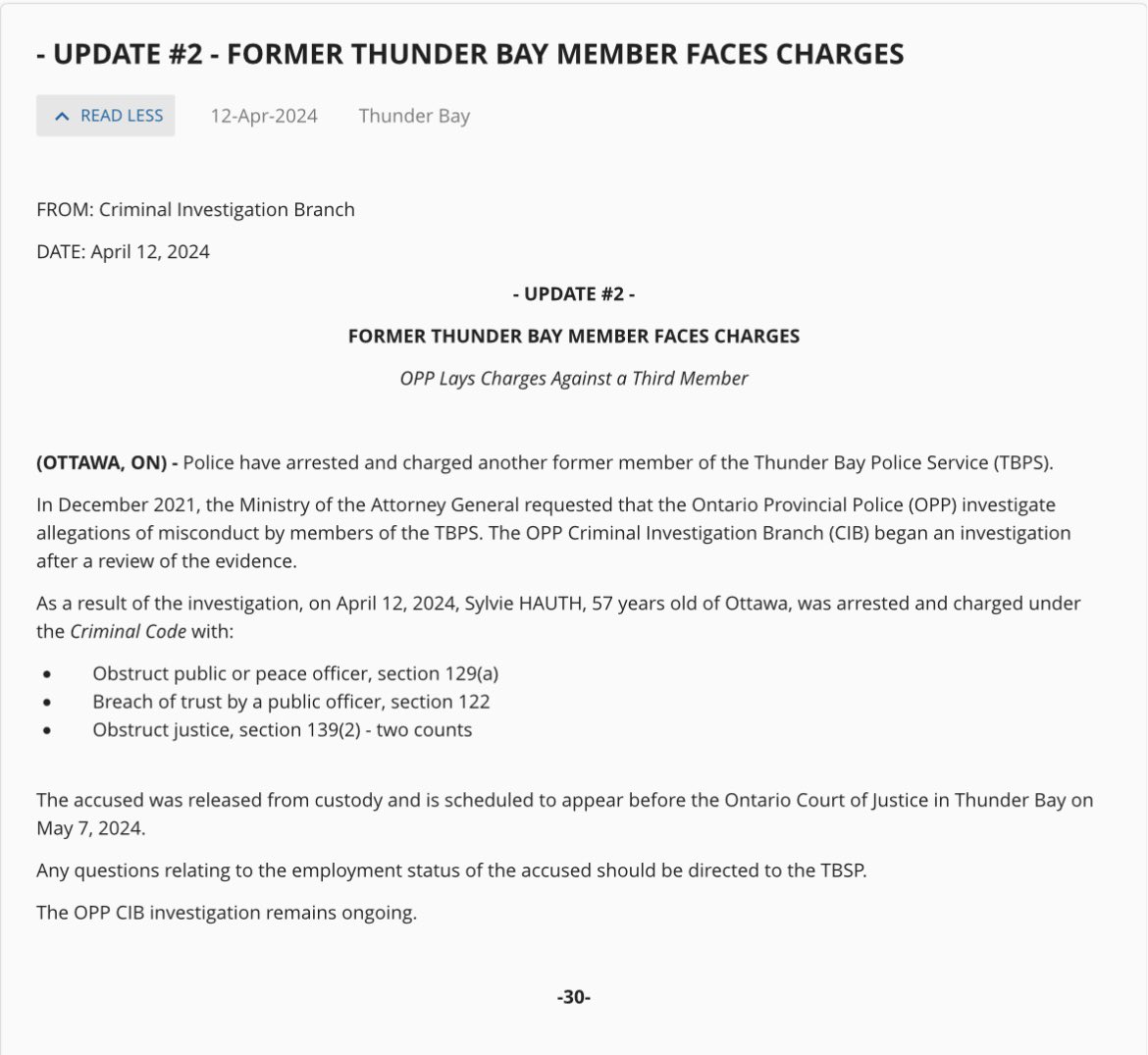 As was widely expected, the former chief of the Thunder Bay police service was arrested today and charged by the OPP. Sylvie Hauth is facing 4 charges. This comes just days after the former legal counsel for the TBPS was also charged.