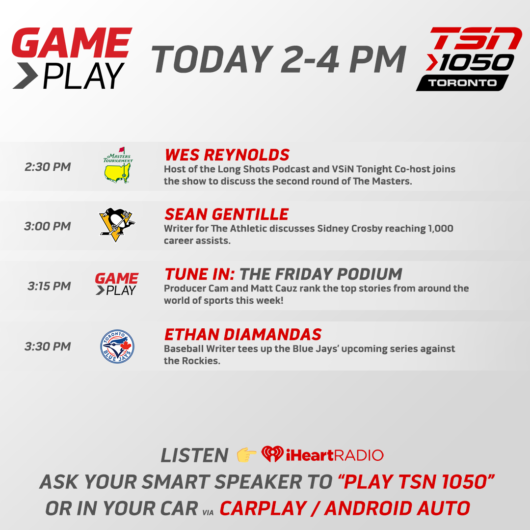 Coming up today on #GamePlay, @mcauz56 will be joined by @WesReynolds1, @seangentille and @EthanDiamandas! Listen from 2-4pm on your home speakers, @TSN_Sports App, @iHeartRadioCA App or player.toronto.tsn.ca!