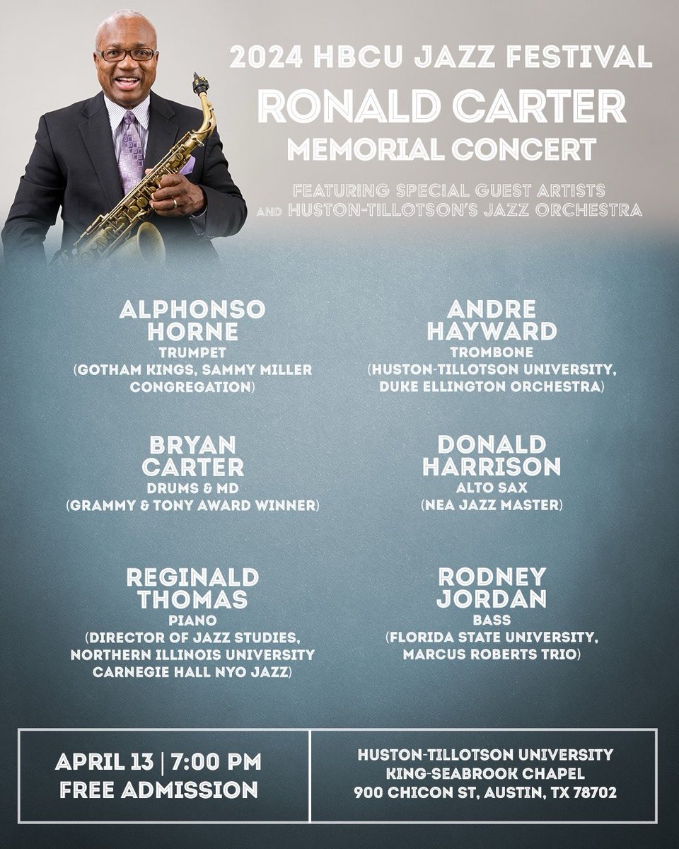 Come and be part of the 2024 HBCU Jazz Festival - honoring the legacy of Ronald Carter. Experience the magic with special guest artists and the mesmerizing performance of HT's Jazz Orchestra. Join us on Saturday, April 13th at 7:00 P.M. Admission is free for all. #HTYou