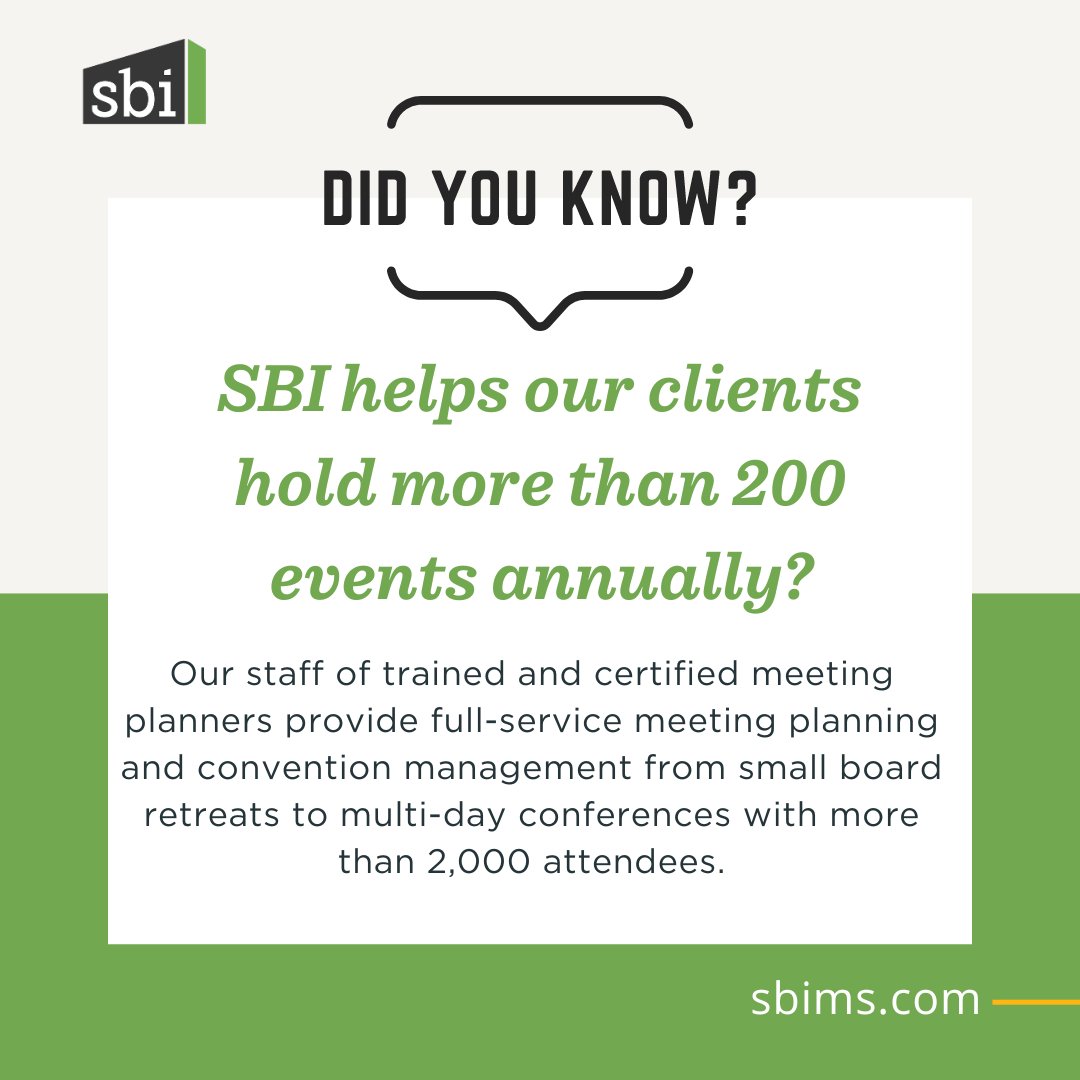 SBI provides full-service meeting planning and convention management to non-profit associations. LEARN MORE: sbims.com/services/event… #associationmanagement #eventplanning #conferenceplanning #CMP #VEMM