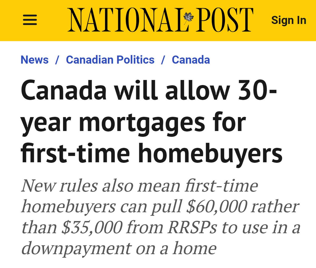 Canada will allow 30-year mortgages for first-time home buyers. This means that for the same monthly payment you can get $50k more credit to bid housing prices higher, in exchange for paying $200k more in interest long-term. A better solution would be land value tax. 1/4👇