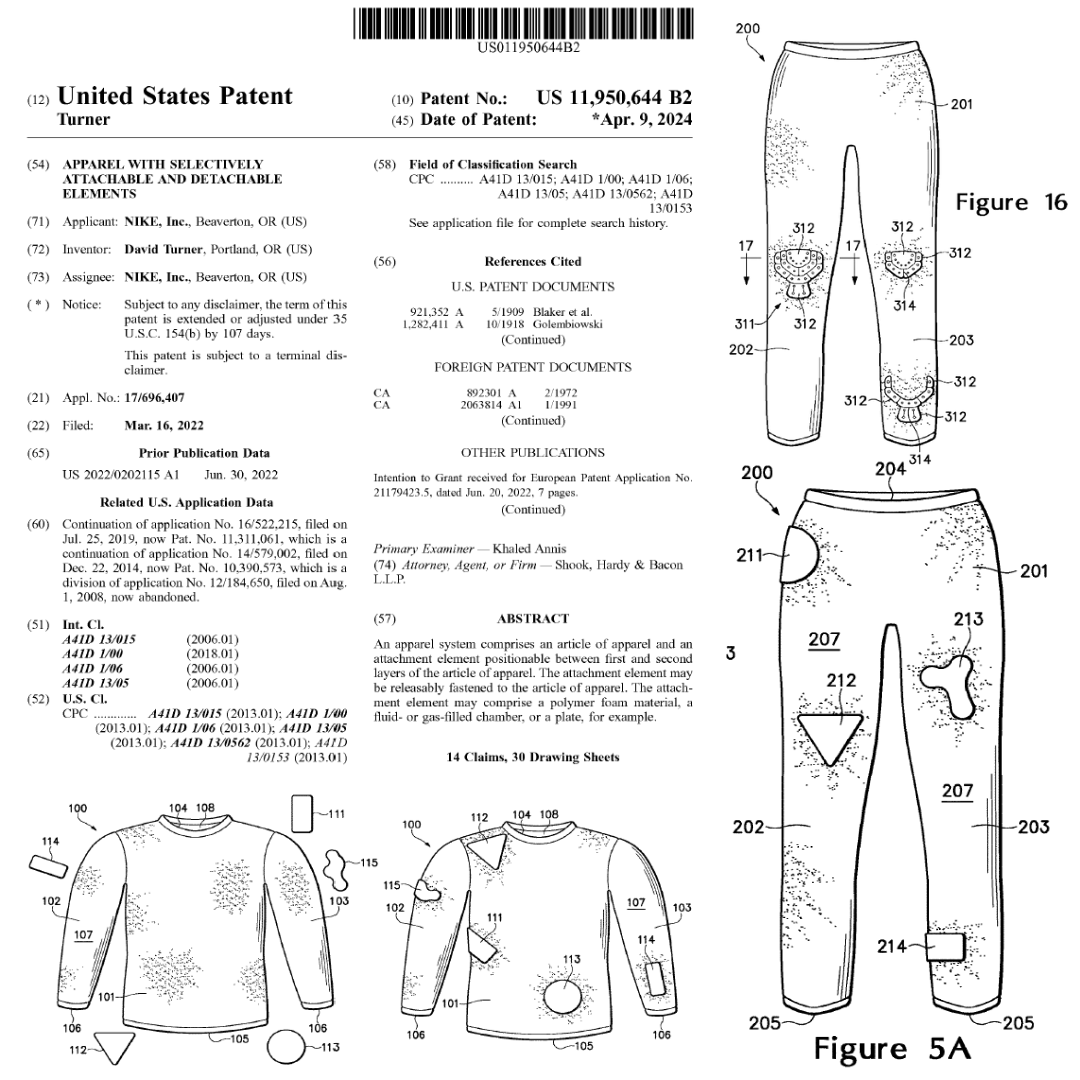 Who needs pockets, when you have velcro clothes? 

Nike is awarded a utility patent on clothing with attachable and detachable elements. This includes securing your phone to your sleeve, adding foam padding to sports under-layers, and much more.

US Pat. No. 11,950,644

#Nike
