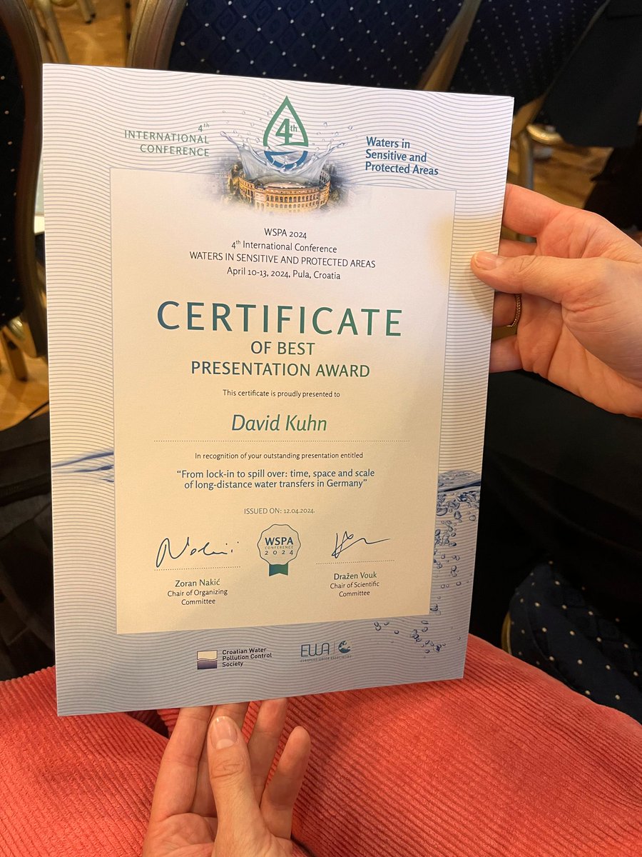 regulate project | groundwater research (@regulateproject) on Twitter photo Congratulations to <a href="/DavQn/">David Kuhn</a> for winning the 'best presentation award' at the #WSPA2024 conference in Pula, Croatia! He presented his paper on lock-ins of long-distance water transfers.
sciencedirect.com/science/articl… Congratulations to <a href="/DavQn/">David Kuhn</a> for winning the 'best presentation award' at the #WSPA2024 conference in Pula, Croatia! He presented his paper on lock-ins of long-distance water transfers.
sciencedirect.com/science/articl…