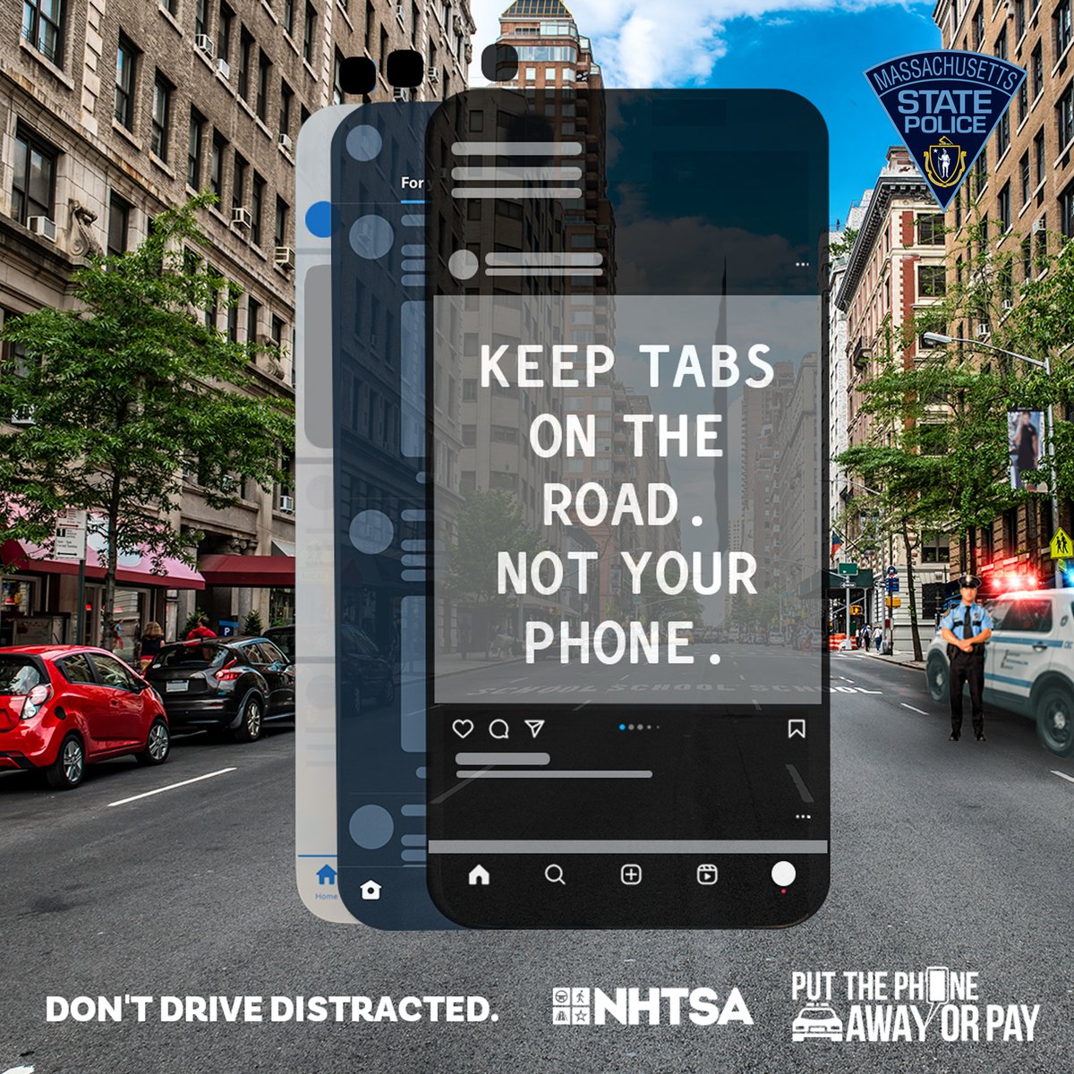 Throughout April, we are rolling daily high visibility enforcement patrols across Mass. as part of a nationwide distracted driving enforcement campaign. Keep your eyes on the road, not your phone, or you could face a fine, or much worse. #JustDrive #distracteddriving @NHTSAgov