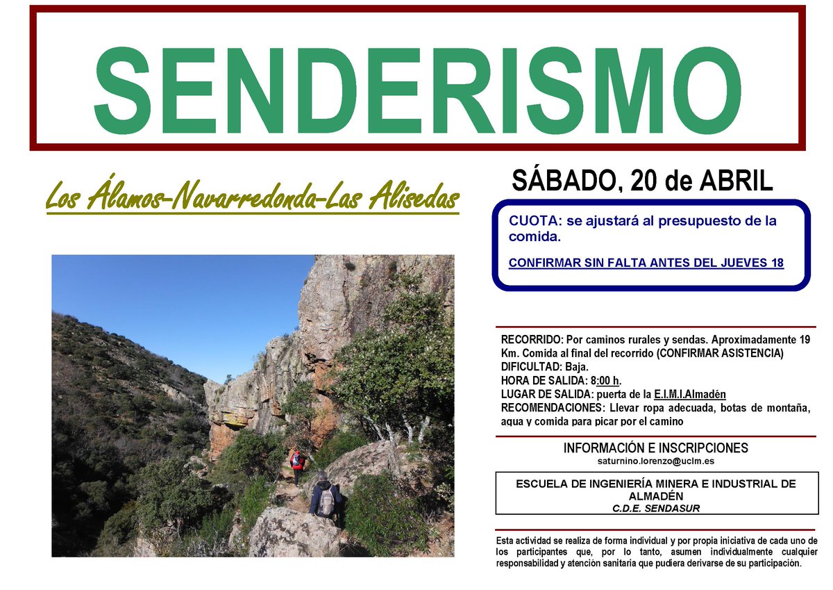 🚶‍♀️Nueva ruta de 𝐒𝐞𝐧𝐝𝐞𝐫𝐢𝐬𝐦𝐨:
𝗟𝗼𝘀 Á𝗹𝗮𝗺𝗼𝘀-𝗡𝗮𝘃𝗮𝗿𝗿𝗲𝗱𝗼𝗻𝗱𝗮-𝗟𝗮𝘀 𝗔𝗹𝗶𝘀𝗲𝗱𝗮𝘀🚶

uclm.es/ciudad-real/Ei…

#DeporteUniversitario #uclm #EIMIA #Almadén #senderismo