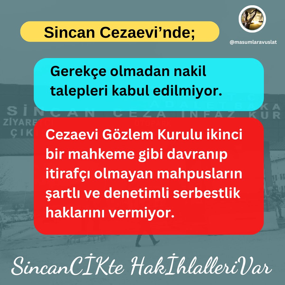 Sincan Cezaevi’nde; ➡️Gerekçe olmadan nakil talepleri kabul edilmiyor. ➡️Cezaevi Gözlem Kurulu ikinci bir mahkeme gibi davranıp itirafçı olmayan mahpusların şartlı ve denetimli serbestlik haklarını vermiyor. @adalet_bakanlik @ihdgenelmerkez SincanCİKte HakİhlalleriVar