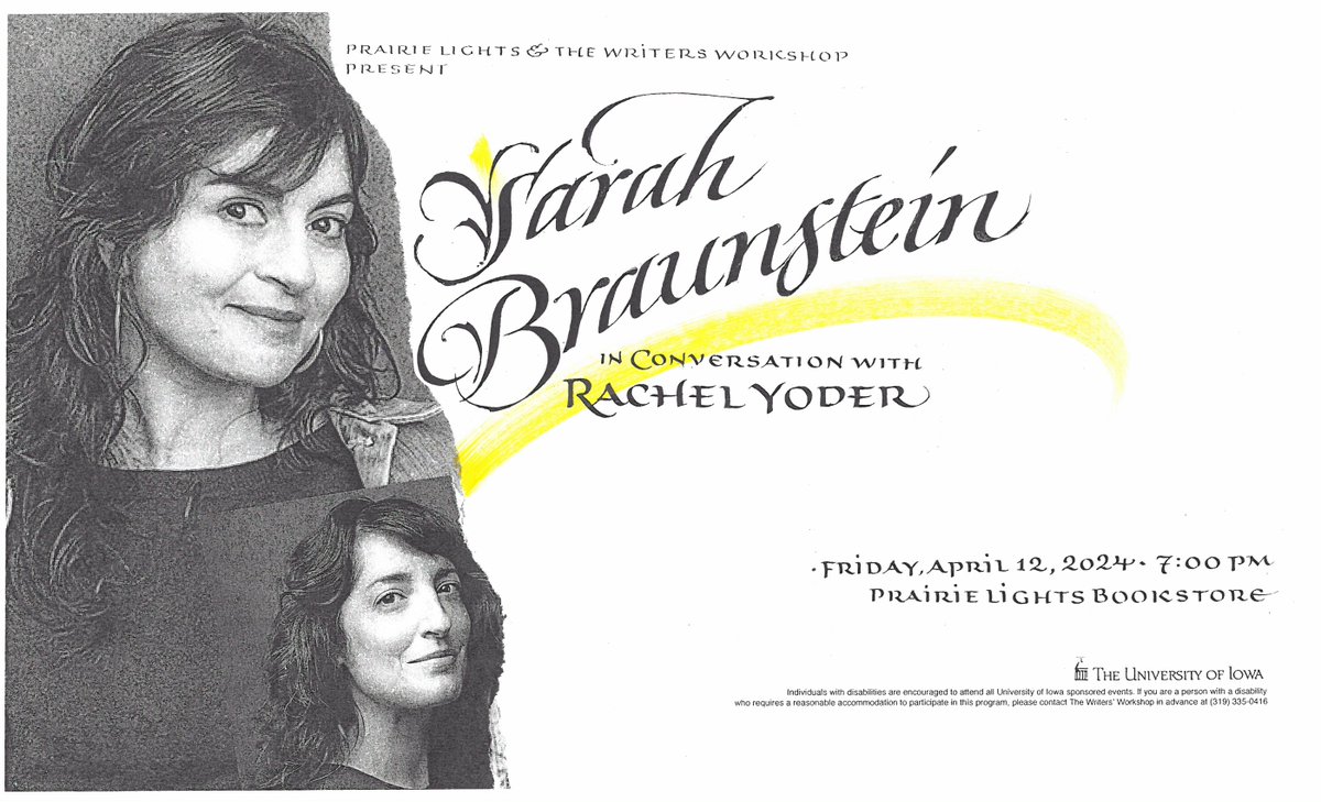 Tonight! Friday, 4/12 at 7p.m. at Prairie Lights bookstore, Sarah Braunstein will read from her new novel, 'Bad Animals,' joined in conversation by author Rachel Yoder events.uiowa.edu/85682