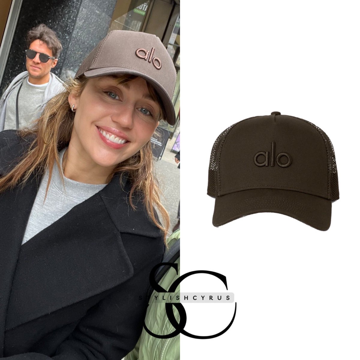 . @mileycyrus was spotted looking super radiant posing with a fan for a selfie wearing Alo’s ‘District Trucker Hat’ in Espresso ($58) 🤎