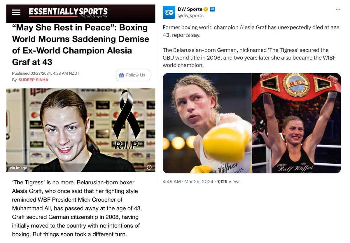 Stuttgart, Germany - 43 year old former boxing world champion Alesia Graf died unexpectedly on March 25, 2024

No cause of death reported

My first question would be when was her last COVID-19 mRNA Vaccine dose and did she suffer cardiac adverse events?

#DiedSuddenly